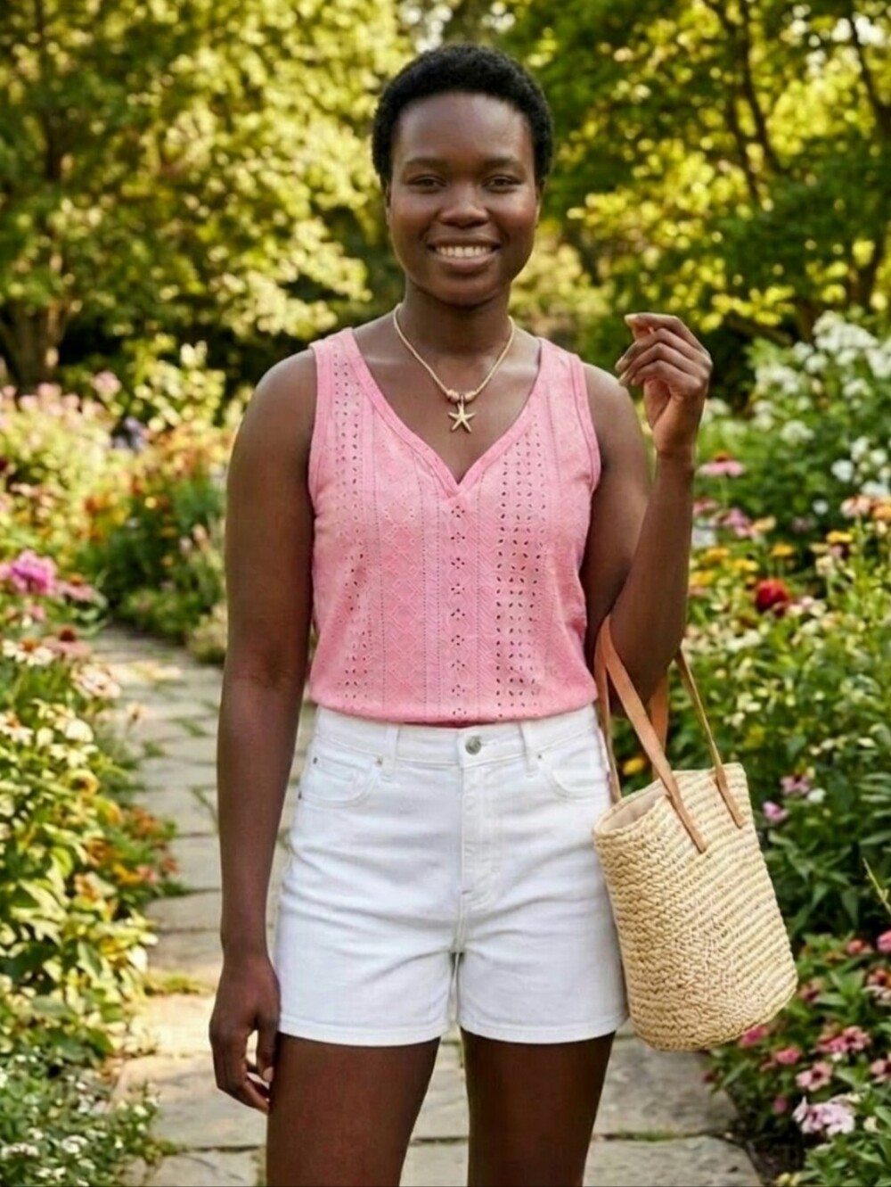 Pink Eyelet V-Neck Tank Top